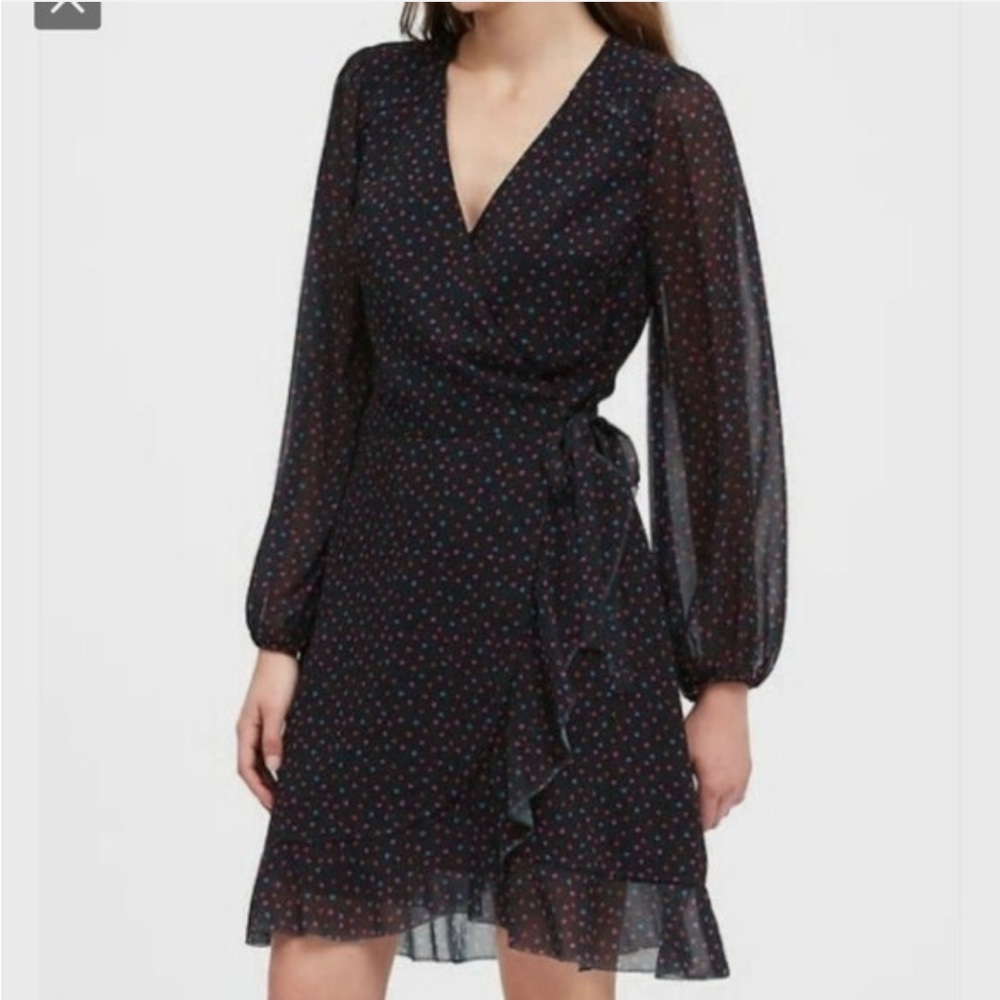 Banana Republic heart print wrap dress with 3/4 sleeves and ruffle hem